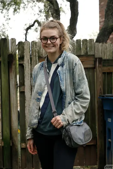 Slim Woman in Glasses and Socks Spreads Her Trimmed Pussy Outdoors
