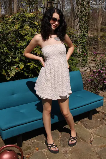 Corra Cox – Thick Brunette in a Skirt Spreads Her Legs and Fists Her Pussy on the Patio