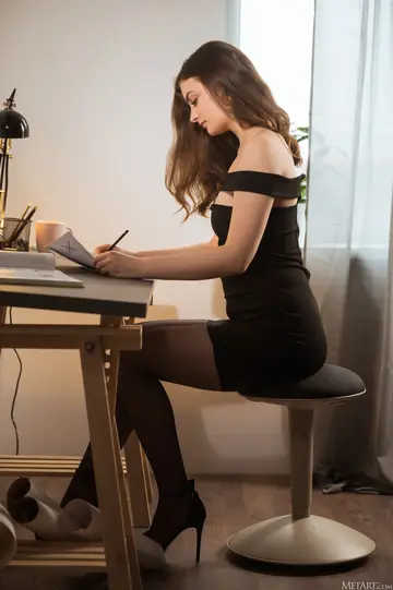 Shining Moon – Thick Brunette with Big Tits Spreads in a Skirt and Stockings