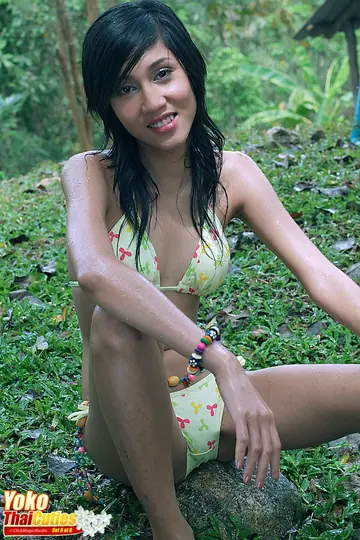 Hairy Asian Brunette Strips Off Her Bikini and Fucks a Dildo Outdoors