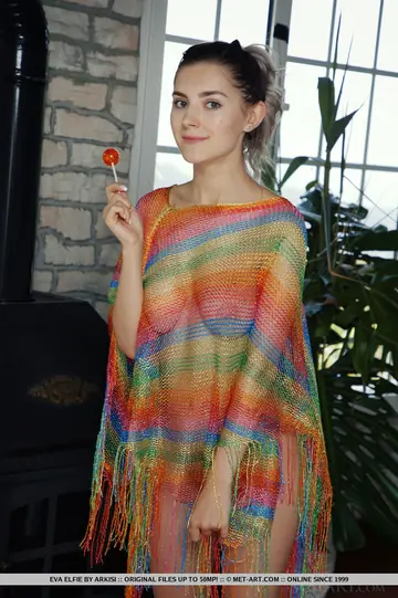 European Brunette Strips Sheer Poncho and Spreads Her Shaved Pussy