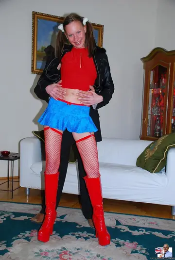 Gita B – Skinny European Blonde in Red Fishnets Sucks and Rides Anal