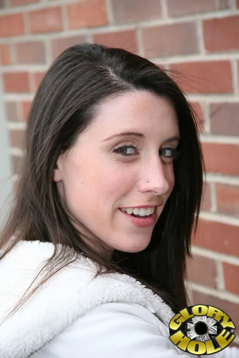 Janie Jones: Brunette Kneels for Public Restroom Blowjob – photo 1 of 20
