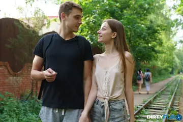 Skinny European Brunette Sucks and Fucks Outdoors
