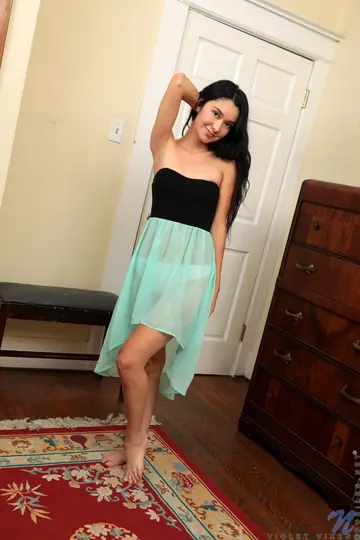 Violet Indira – Brunette in a Skirt Uses a Glass Dildo and Spreads Her Shaved Pussy