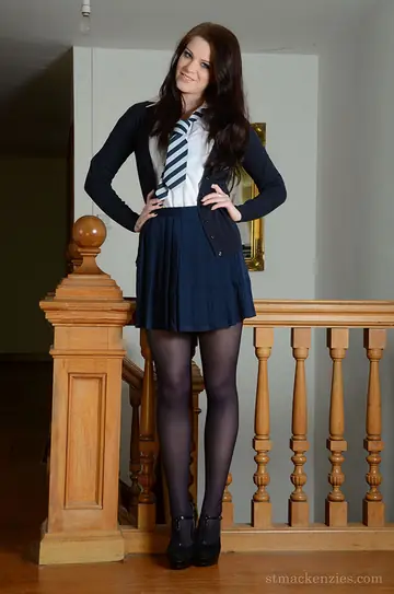 Busty Brunette Models in Pantyhose, Skirt and Heels