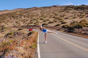 Tall Blonde Flashes Her Big Natural Tits and Spreads Outdoors