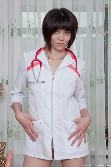 Sasha M – Skinny Brunette Nurse Toys Her Hairy Pussy