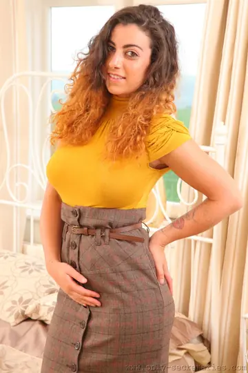Fiona S – Curly Latina in Sheer Pantyhose Teases Topless at the Office