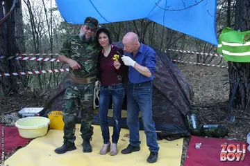 European Woman in Jeans Blows Two Guys, Takes Anal and a Facial