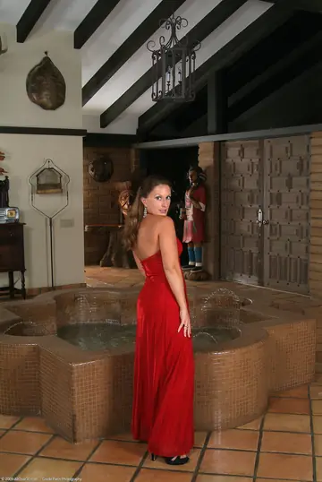 Thick Brunette MILF Sheds Her Red Dress to Spread Her Pussy in Stockings