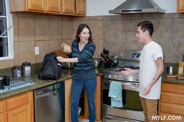 Macy Meadows – Blonde and Short-Haired Brunette MILFs Share a Man in a Threesome