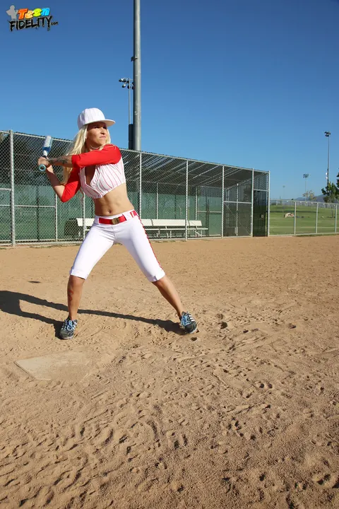 Stevie Shae: Blonde in Softball Uniform Flashes Her Natural Tits Outdoors – photo 9 of 17