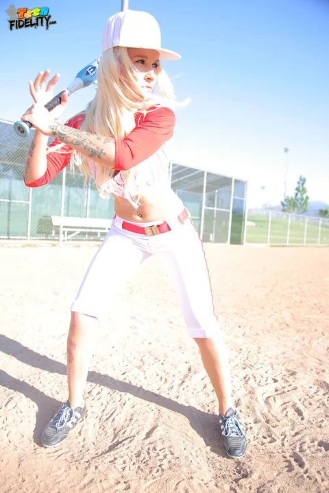 Stevie Shae: Blonde in Softball Uniform Flashes Her Natural Tits Outdoors – photo 8 of 17