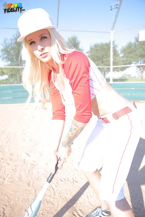 Stevie Shae: Blonde in Softball Uniform Flashes Her Natural Tits Outdoors – photo 7 of 17