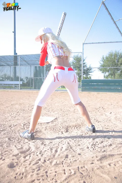 Stevie Shae: Blonde in Softball Uniform Flashes Her Natural Tits Outdoors – photo 5 of 17