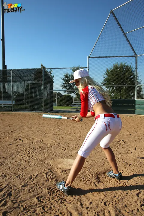 Stevie Shae: Blonde in Softball Uniform Flashes Her Natural Tits Outdoors – photo 13 of 17