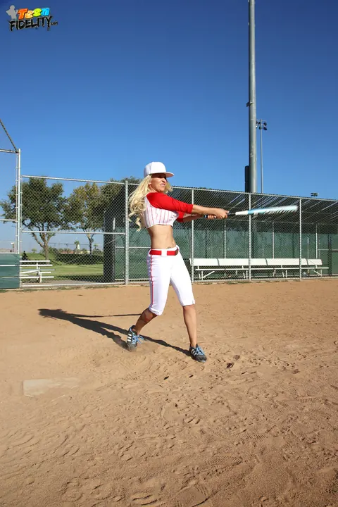 Stevie Shae: Blonde in Softball Uniform Flashes Her Natural Tits Outdoors – photo 17 of 17
