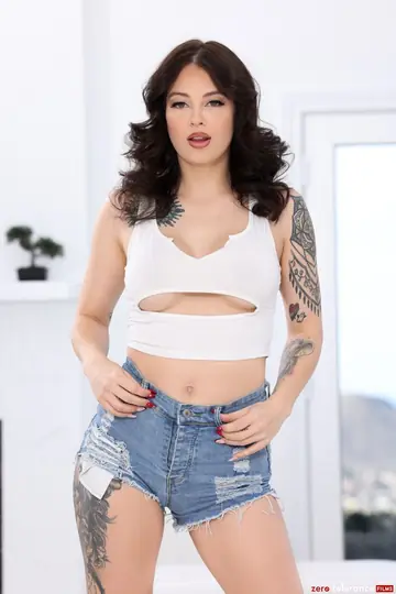 Maddy May – Tattooed Brunette in Shorts Sucks Cock and Gets Fucked by the Fireplace