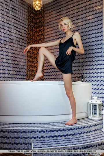 Paulina Pace – European Blonde Strips and Spreads in the Bathroom