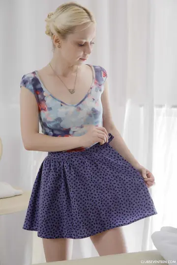 Mirta – European Blonde in a Skirt Rides Cowgirl and Takes Cum on Her Ass