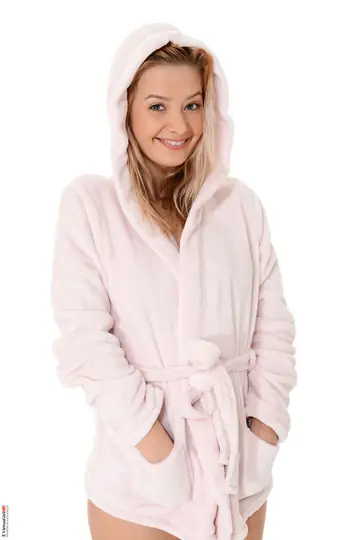 Anna Tatu – Pale Blonde Babe Removes Her Robe and Spreads Her Hairy Pussy