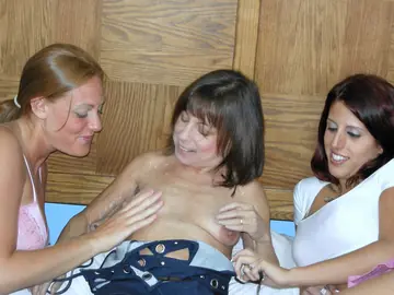 Lavender Rayne – Busty Redhead MILF in Stockings Joins Lesbian Threesome with a Dildo