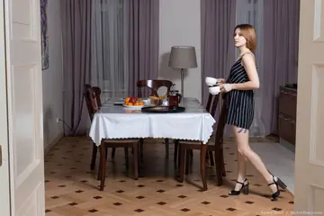 Lolly Bomb – Slim Redhead in Heels Gets Hairy Pussy Fucked Doggy on the Sofa
