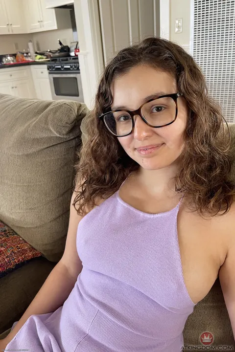 Leana Lovings: Petite Curly Brunette in a Dress and Glasses Spreads Her Shaved Pussy – photo 3 of 21