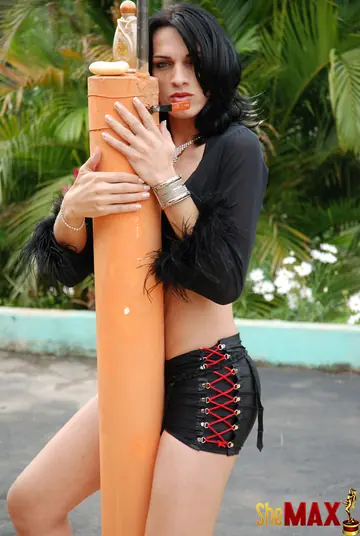 Trans Woman with Black Hair Strips and Sucks Cock Outdoors
