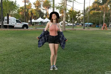 Kayla Coyote – Redhead with Big Natural Tits Strips Off Her Shorts Outdoors