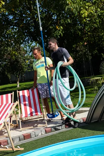 European Women in Skirts and Panties Have a Threesome by the Pool