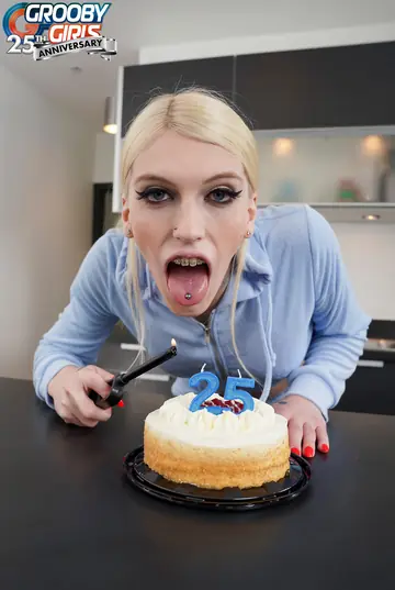Blonde Trans Woman Poses Naked with Birthday Cake