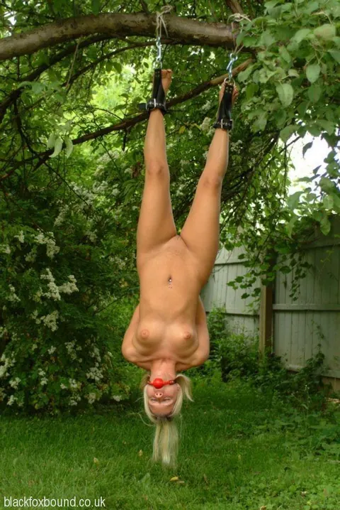 Thick Blonde Hangs Upside Down Bound and Oiled Outdoors – photo 10 of 16