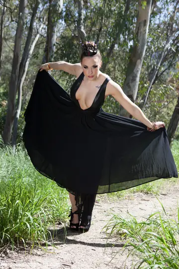 Busty Brunette MILF Bound in Costume Dress Bares All in the Forest