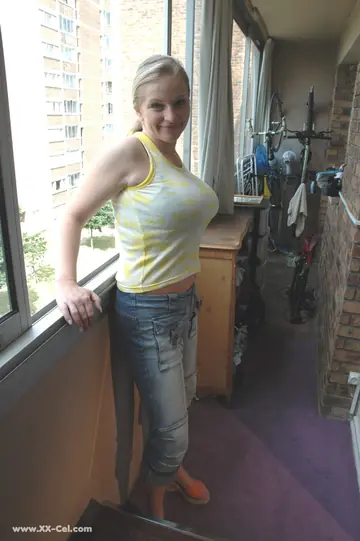 Blonde MILF with Big Tits Pulls Jeans Down and Spreads Her Pussy