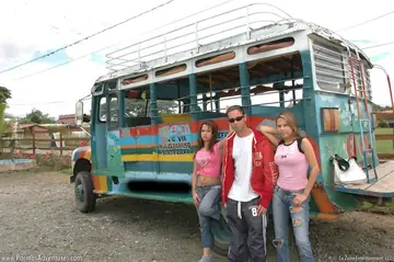 Two Busty Latinas in Jeans Give a Blowjob and Lick Pussy in a Threesome
