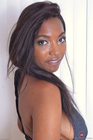 Busty Ebony Brunette with Natural Tits Spreads Her Shaved Pussy