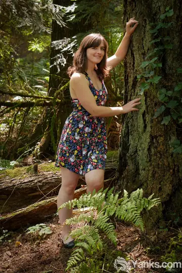 Raven Snow – Busty Black-Haired Woman Lifts Her Skirt and Shows Panties in the Forest