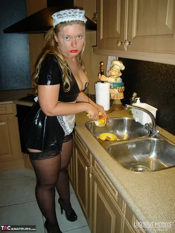 European BBW in a Maid Uniform Dildos Her Pussy on a Futon in the Kitchen