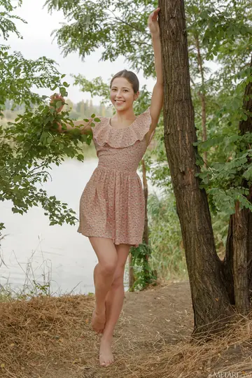 Slim Brunette Strips Out of Her Dress and Spreads Under a Tree