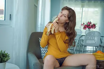 Satin Stone – European Brunette Eats a Banana Then Masturbates in Panties