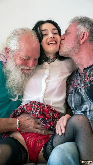 Petite Brunette Maid Gives Blowjobs and Fucks Two Men in a Threesome