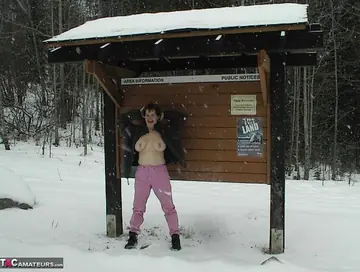 Misha Milf – Mature Redhead BBW Poses Nude Outdoors in the Snow Wearing Glasses