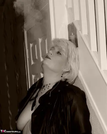 Mature BBW Blonde Smokes and Spreads Her Hairy Pussy in Stockings
