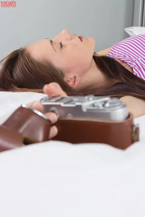 Helen Sia: Petite Brunette Pulls Panties Aside and Spreads on the Bed – photo 2 of 21
