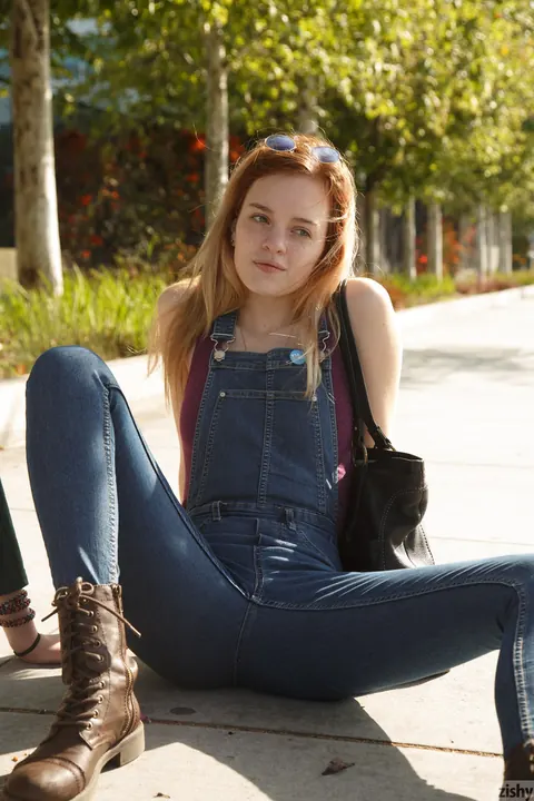 Riley Anne: Slim Redhead in Uniform Flashes Her Tits and Ass Outside – photo 4 of 11