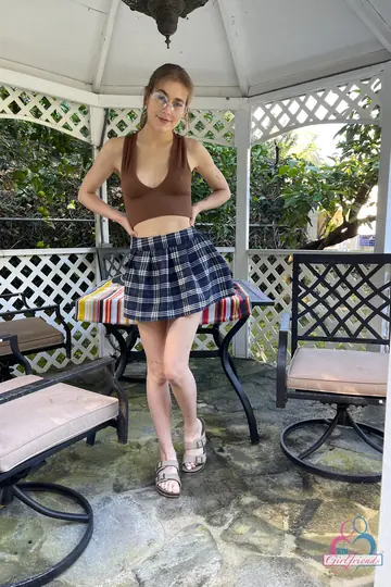 Skinny Blonde in Glasses Spreads Her Shaved Pussy and Shows Her Feet Outdoors