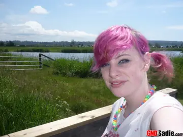 Amateur in Stockings and Skirt Spreads Outdoors at Nature Preserve