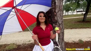 Thick Busty Woman in a Skirt and Glasses Sucks Cock and Gets Fucked Outdoors